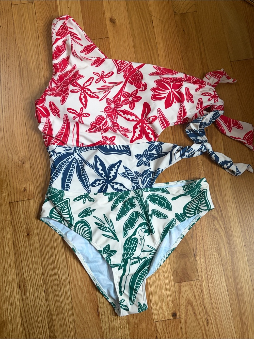SHEIN Tropical Floral One-Shoulder One-Piece Swimsuit in Red, Blue & Green